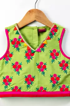 Green printed top with pink foil print dhoti