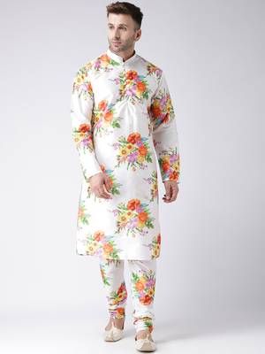 White Printed Silk Blend Kurta Pajama 1