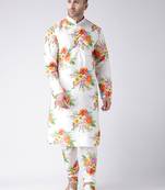 White Printed Silk Blend Kurta Pajama