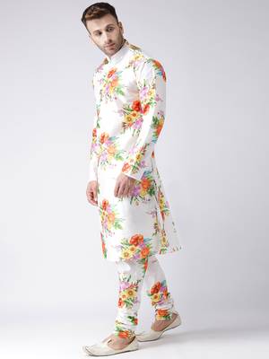 White Printed Silk Blend Kurta Pajama 2