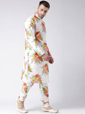 White Printed Silk Blend Kurta Pajama 3