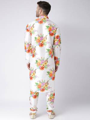 White Printed Silk Blend Kurta Pajama 4