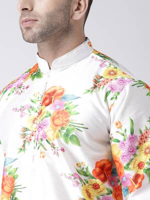 White Printed Silk Blend Kurta Pajama 5