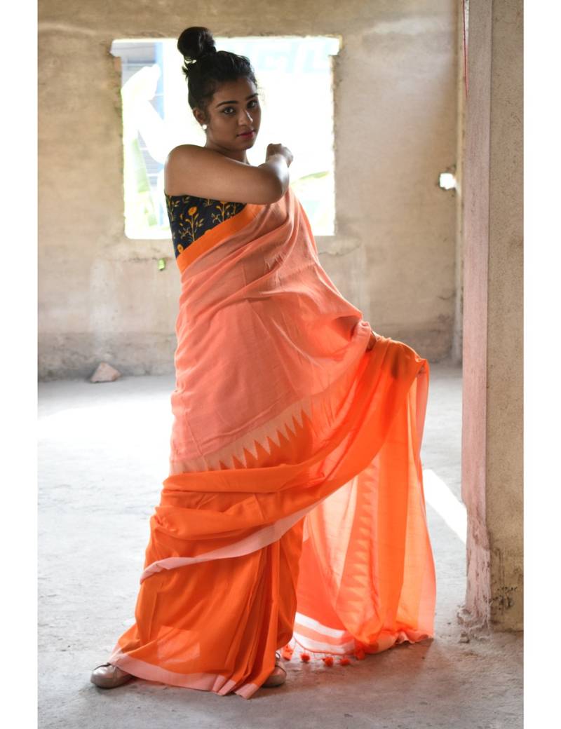 Orange hand made cotton saree with blouse