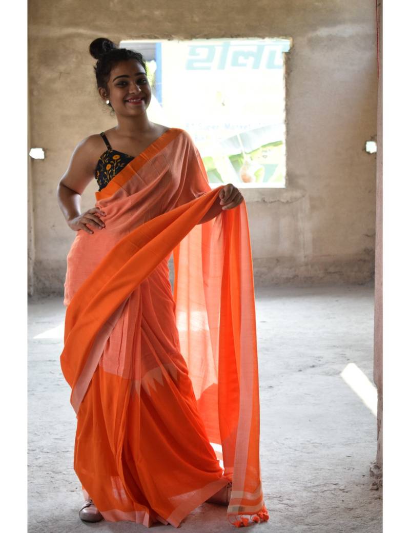 Orange hand made cotton saree with blouse