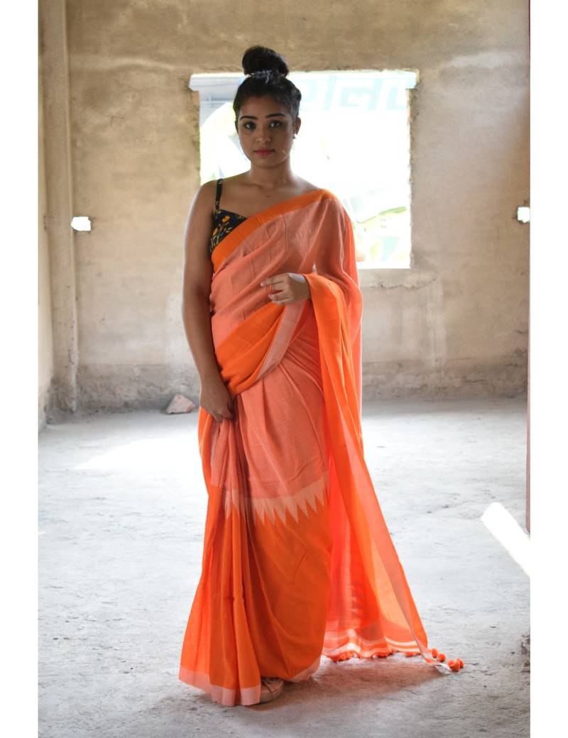 Orange hand made cotton saree with blouse