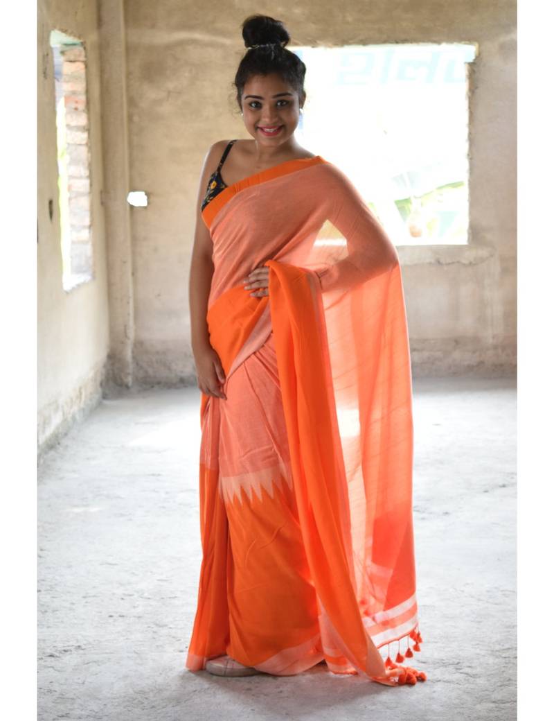 Orange hand made cotton saree with blouse
