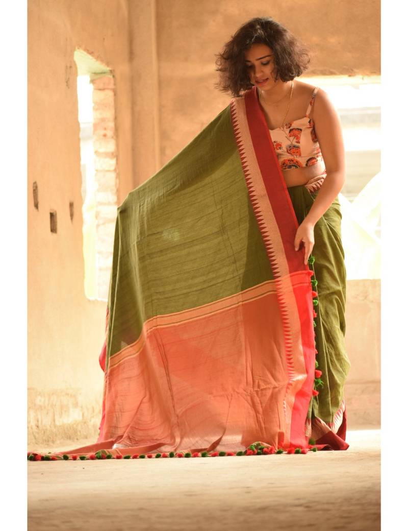 Orange hand made cotton saree with blouse
