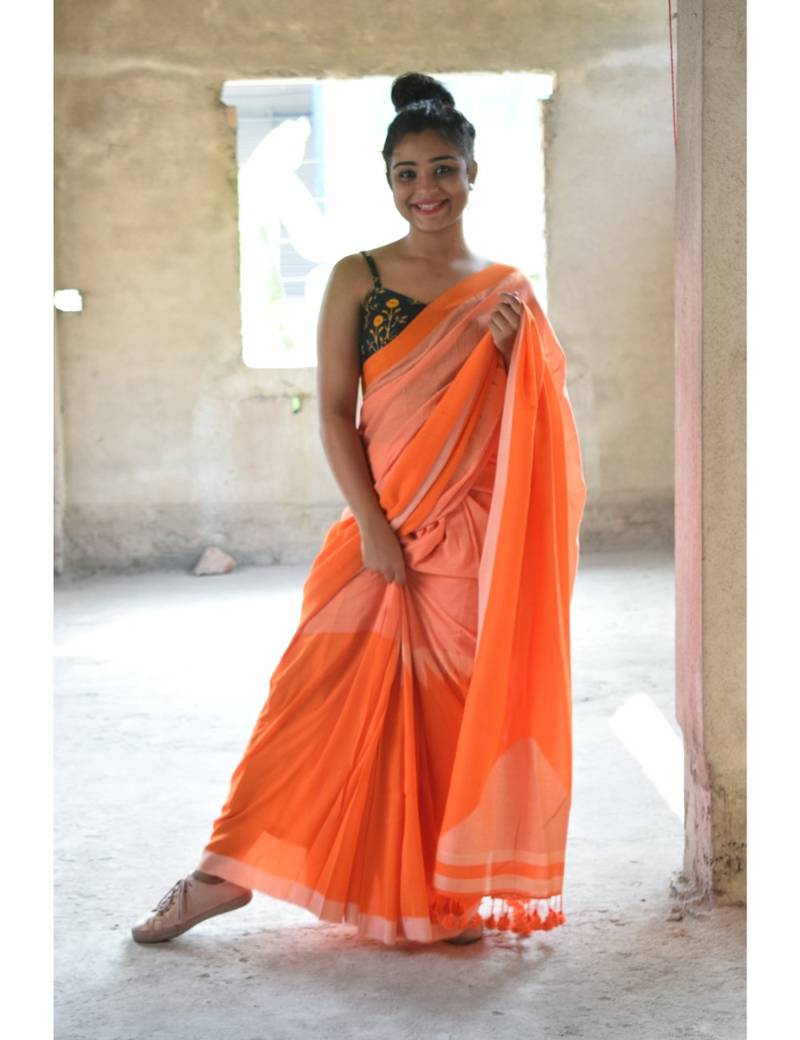 Orange hand made cotton saree with blouse