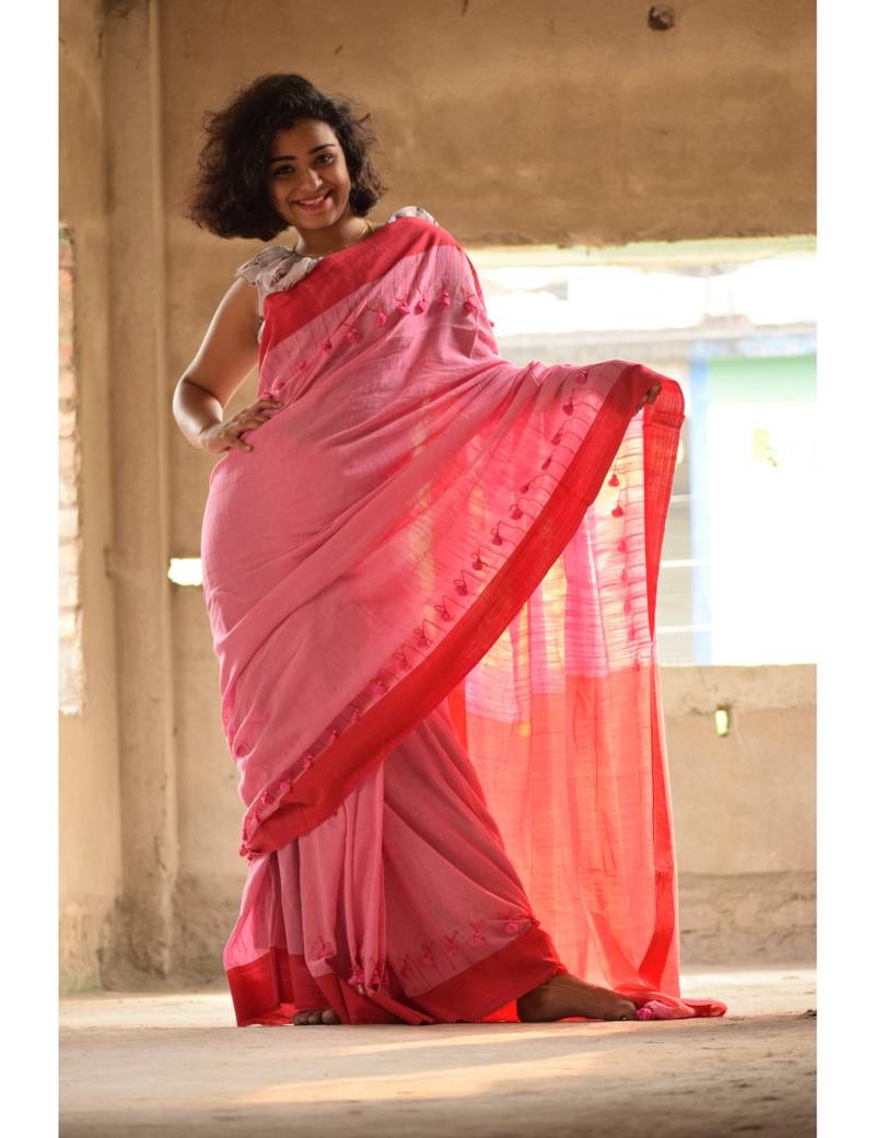 Orange hand made cotton saree with blouse