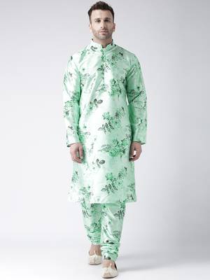 Green Printed Silk Blend Kurta Pajama 1