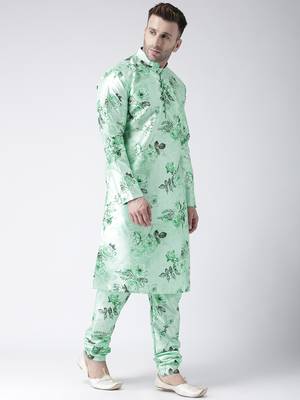 Green Printed Silk Blend Kurta Pajama 2