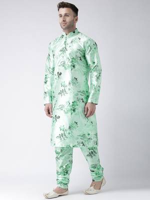 Green Printed Silk Blend Kurta Pajama 3