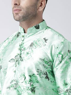 Green Printed Silk Blend Kurta Pajama 5