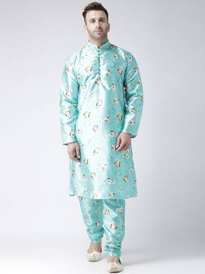 Blue Printed Silk Blend Kurta Pajama 1