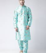 Blue Printed Silk Blend Kurta Pajama