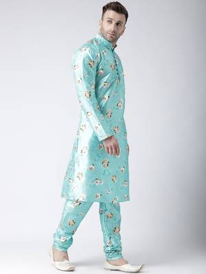 Blue Printed Silk Blend Kurta Pajama 2