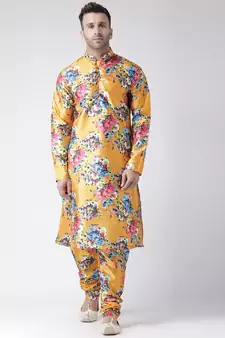 Yellow Printed Silk Blend Kurta Pajama