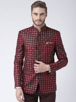 Maroon Printed Polyester Bandhgala Suit 1