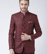 Maroon Printed Polyester Bandhgala Suit