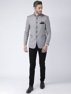 Grey Printed Polyester Bandhgala Suit 2