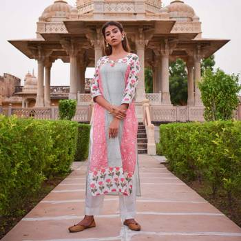 Set of Multi print Kurta with Off White  Pants 2