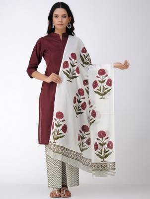 Set of Maroon Pleated Kurta with Block Printed Pants & Dupatta 1