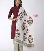 Set of Maroon Pleated Kurta with Block Printed Pants & Dupatta