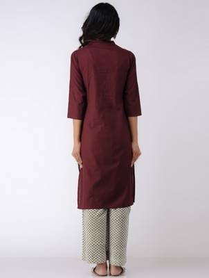 Set of Maroon Pleated Kurta with Block Printed Pants & Dupatta 3