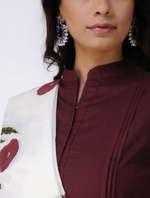 Set of Maroon Pleated Kurta with Block Printed Pants & Dupatta 4
