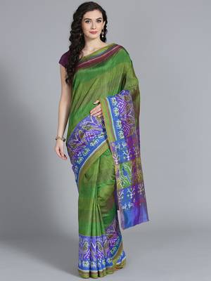 Dark green printed art silk saree with blouse 1