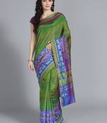 Dark green printed art silk saree with blouse