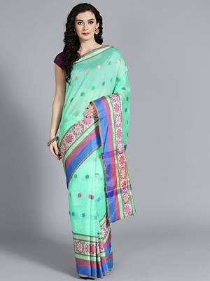 Green printed cotton silk saree with blouse 1