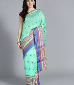 Green printed cotton silk saree with blouse