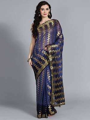Dark blue printed faux georgette saree with blouse 1