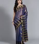 Dark blue printed faux georgette saree with blouse