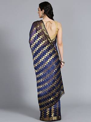 Dark blue printed faux georgette saree with blouse 2