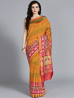 Yellow printed art silk saree with blouse 1