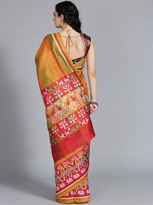 Yellow printed art silk saree with blouse 2
