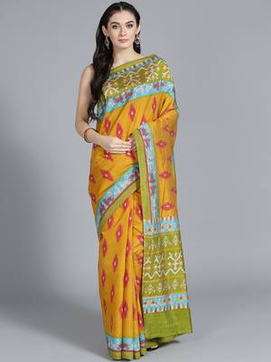 Mustard printed art silk saree with blouse 1