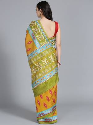 Mustard printed art silk saree with blouse 2