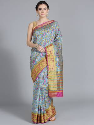 Blue printed art silk saree with blouse 1