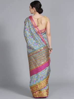 Blue printed art silk saree with blouse 2