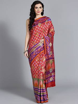 Pink printed art silk saree with blouse 1