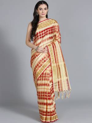 Red printed cotton poly saree with blouse 1