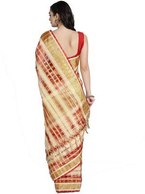 Red printed cotton poly saree with blouse 2