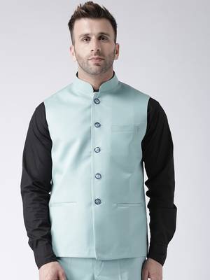 Blue Plain Polyester Nehru Jacket 1