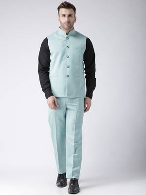 Blue Plain Polyester Nehru Jacket 2