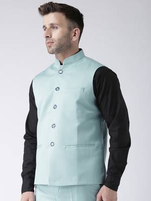 Blue Plain Polyester Nehru Jacket 3