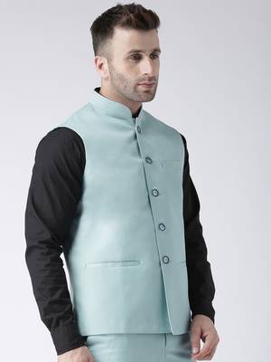 Blue Plain Polyester Nehru Jacket 4